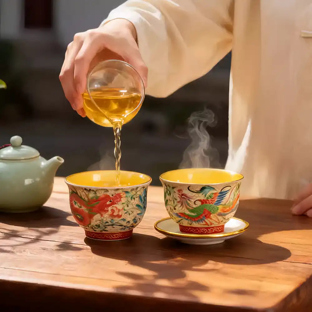 Enamel-Gilded Dragon & Phoenix Pair Teacups - Handcrafted Porcelain Tea Set, Chinese Antique-Style Gift