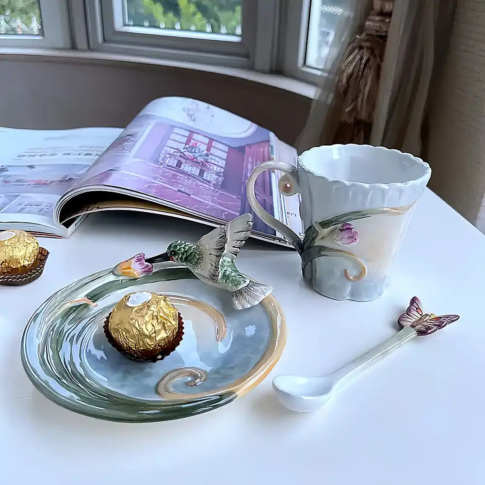 Handcrafted Hummingbird Ceramic Mug with Spoon – Coffee, Tea, or Hot Chocolate Cup, Great for Home or Gift