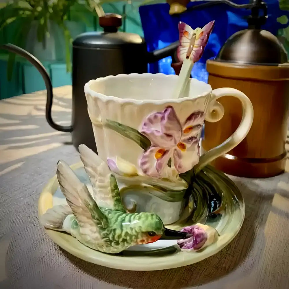 Handcrafted Hummingbird Ceramic Mug with Spoon – Coffee, Tea, or Hot Chocolate Cup, Great for Home or Gift