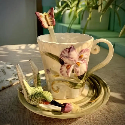 Handcrafted Hummingbird Ceramic Mug with Spoon – Coffee, Tea, or Hot Chocolate Cup, Great for Home or Gift