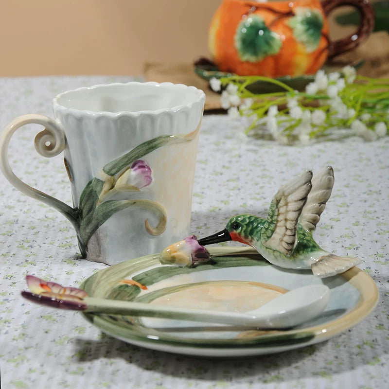 Handcrafted Hummingbird Ceramic Mug with Spoon – Coffee, Tea, or Hot Chocolate Cup, Great for Home or Gift