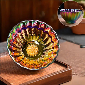 Seven-Colored Peacock Cup – Kiln-Changed Tenmoku Tea Bowl, Creative Lotus Design, Artisan Tea Ceremony Gift