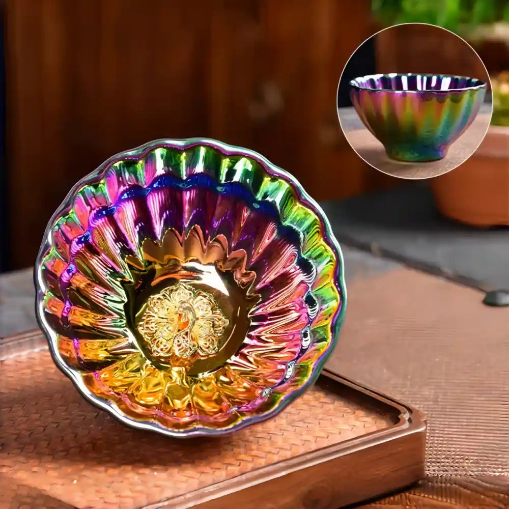Seven-Colored Peacock Cup – Kiln-Changed Tenmoku Tea Bowl, Creative Lotus Design, Artisan Tea Ceremony Gift