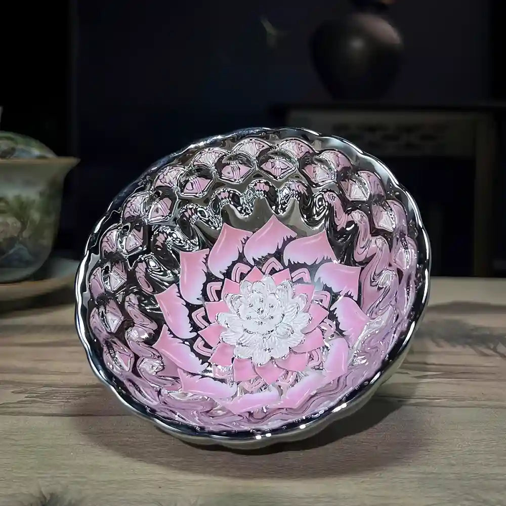 Seven-Colored Peacock Cup – Kiln-Changed Tenmoku Tea Bowl, Creative Lotus Design, Artisan Tea Ceremony Gift