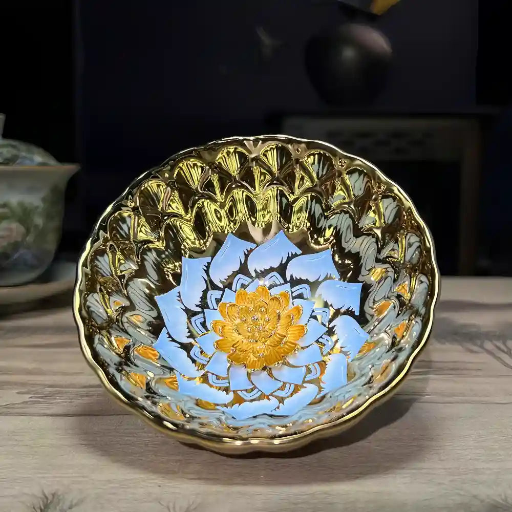 Seven-Colored Peacock Cup – Kiln-Changed Tenmoku Tea Bowl, Creative Lotus Design, Artisan Tea Ceremony Gift