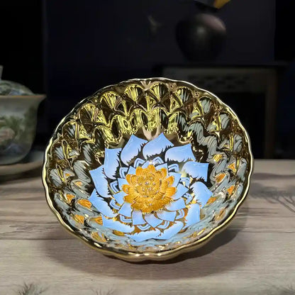 Seven-Colored Peacock Cup – Kiln-Changed Tenmoku Tea Bowl, Creative Lotus Design, Artisan Tea Ceremony Gift