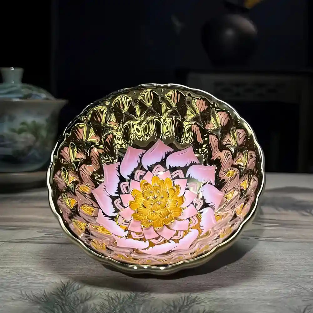 Seven-Colored Peacock Cup – Kiln-Changed Tenmoku Tea Bowl, Creative Lotus Design, Artisan Tea Ceremony Gift