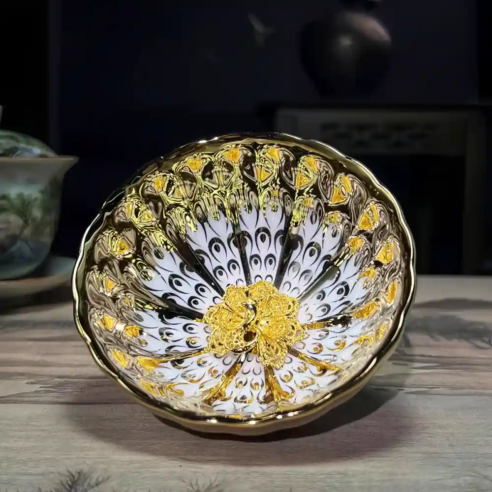 Seven-Colored Peacock Cup – Kiln-Changed Tenmoku Tea Bowl, Creative Lotus Design, Artisan Tea Ceremony Gift