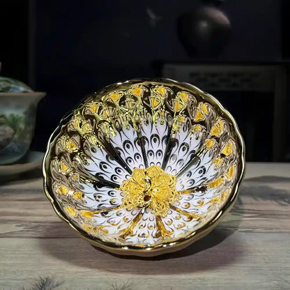 Seven-Colored Peacock Cup – Kiln-Changed Tenmoku Tea Bowl, Creative Lotus Design, Artisan Tea Ceremony Gift