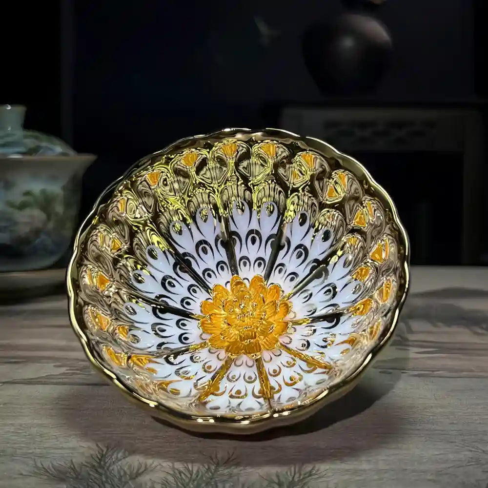 Seven-Colored Peacock Cup – Kiln-Changed Tenmoku Tea Bowl, Creative Lotus Design, Artisan Tea Ceremony Gift