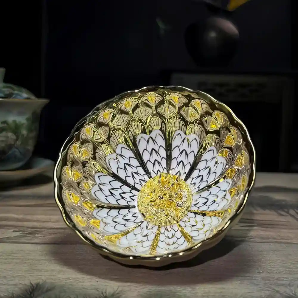 Seven-Colored Peacock Cup – Kiln-Changed Tenmoku Tea Bowl, Creative Lotus Design, Artisan Tea Ceremony Gift