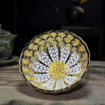 Seven-Colored Peacock Cup – Kiln-Changed Tenmoku Tea Bowl, Creative Lotus Design, Artisan Tea Ceremony Gift