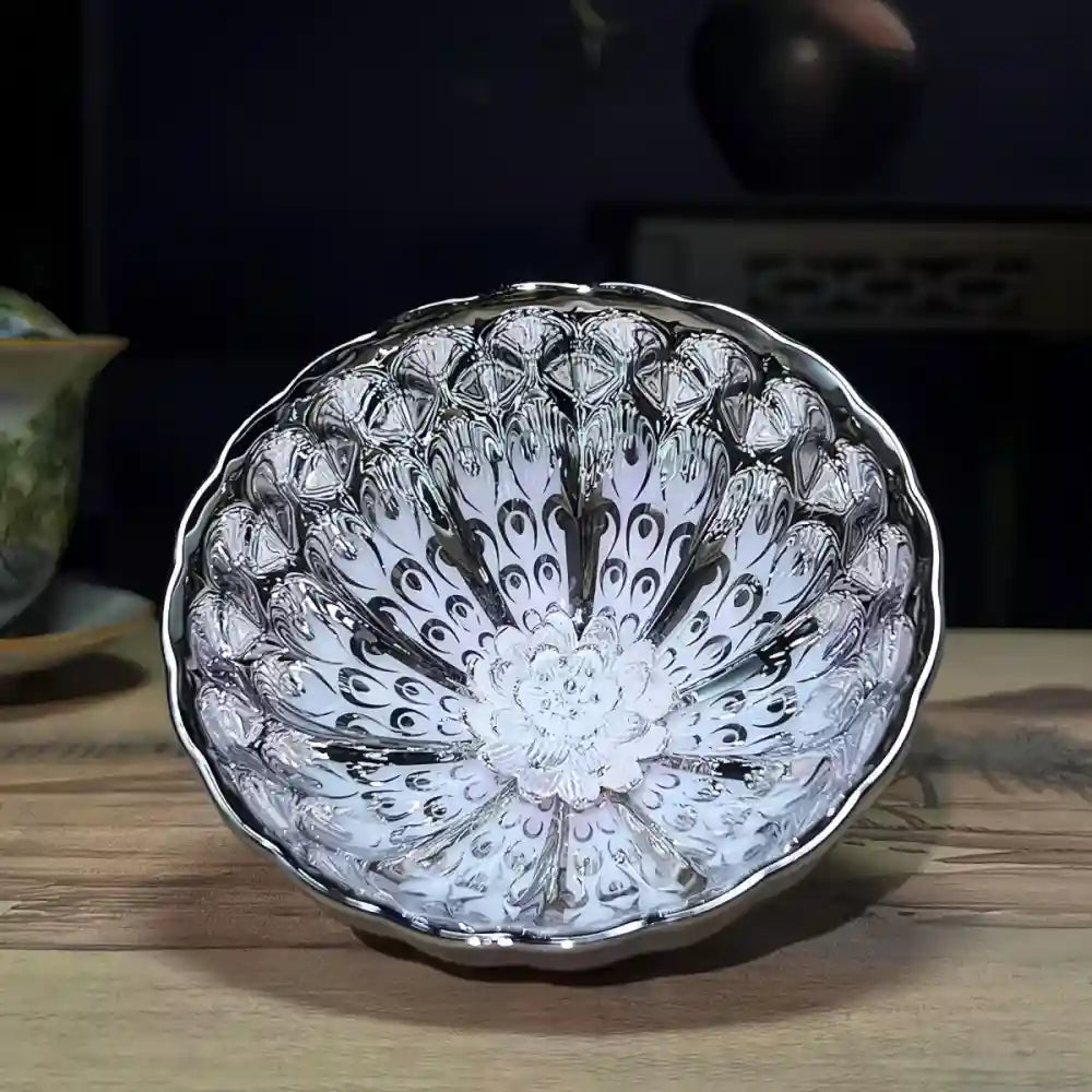 Seven-Colored Peacock Cup – Kiln-Changed Tenmoku Tea Bowl, Creative Lotus Design, Artisan Tea Ceremony Gift