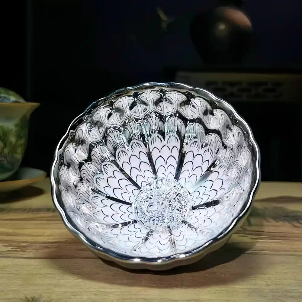 Seven-Colored Peacock Cup – Kiln-Changed Tenmoku Tea Bowl, Creative Lotus Design, Artisan Tea Ceremony Gift