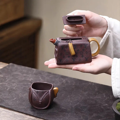 Traditional Yixing Purple Clay Teapot with Matching Cups – Made of Aged Zini Clay