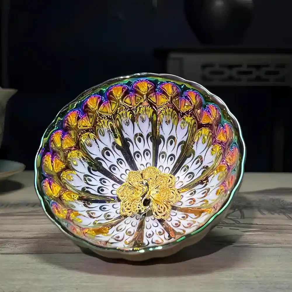 Seven-Colored Peacock Cup – Kiln-Changed Tenmoku Tea Bowl, Creative Lotus Design, Artisan Tea Ceremony Gift