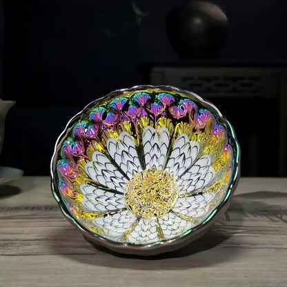 Seven-Colored Peacock Cup – Kiln-Changed Tenmoku Tea Bowl, Creative Lotus Design, Artisan Tea Ceremony Gift