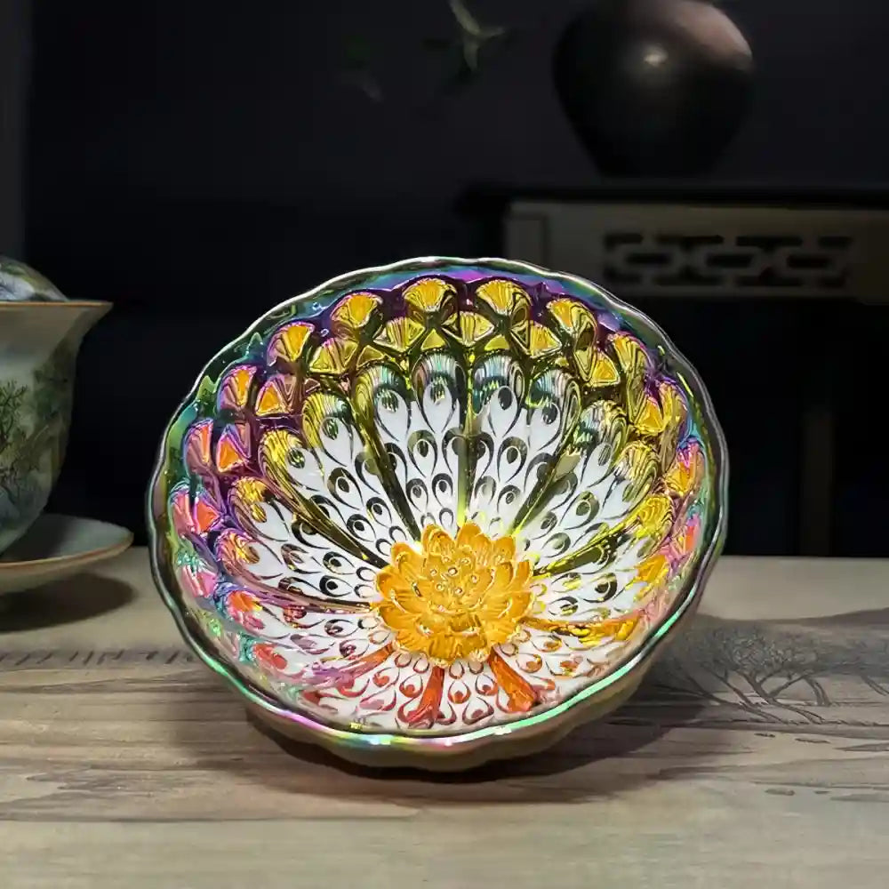 Seven-Colored Peacock Cup – Kiln-Changed Tenmoku Tea Bowl, Creative Lotus Design, Artisan Tea Ceremony Gift