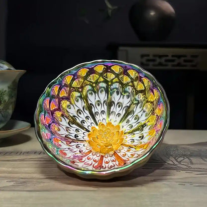 Seven-Colored Peacock Cup – Kiln-Changed Tenmoku Tea Bowl, Creative Lotus Design, Artisan Tea Ceremony Gift