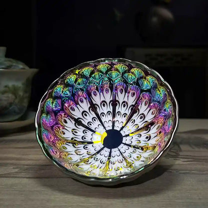 Seven-Colored Peacock Cup – Kiln-Changed Tenmoku Tea Bowl, Creative Lotus Design, Artisan Tea Ceremony Gift