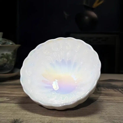 Seven-Colored Peacock Cup – Kiln-Changed Tenmoku Tea Bowl, Creative Lotus Design, Artisan Tea Ceremony Gift