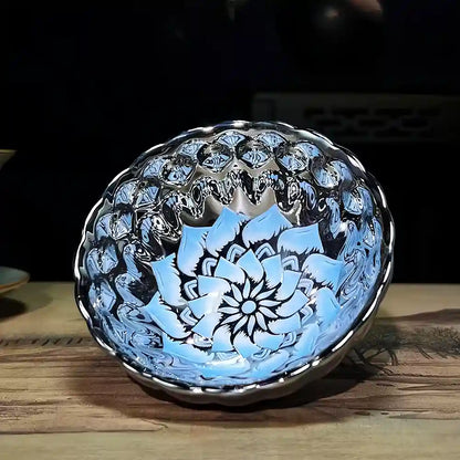 Seven-Colored Peacock Cup – Kiln-Changed Tenmoku Tea Bowl, Creative Lotus Design, Artisan Tea Ceremony Gift