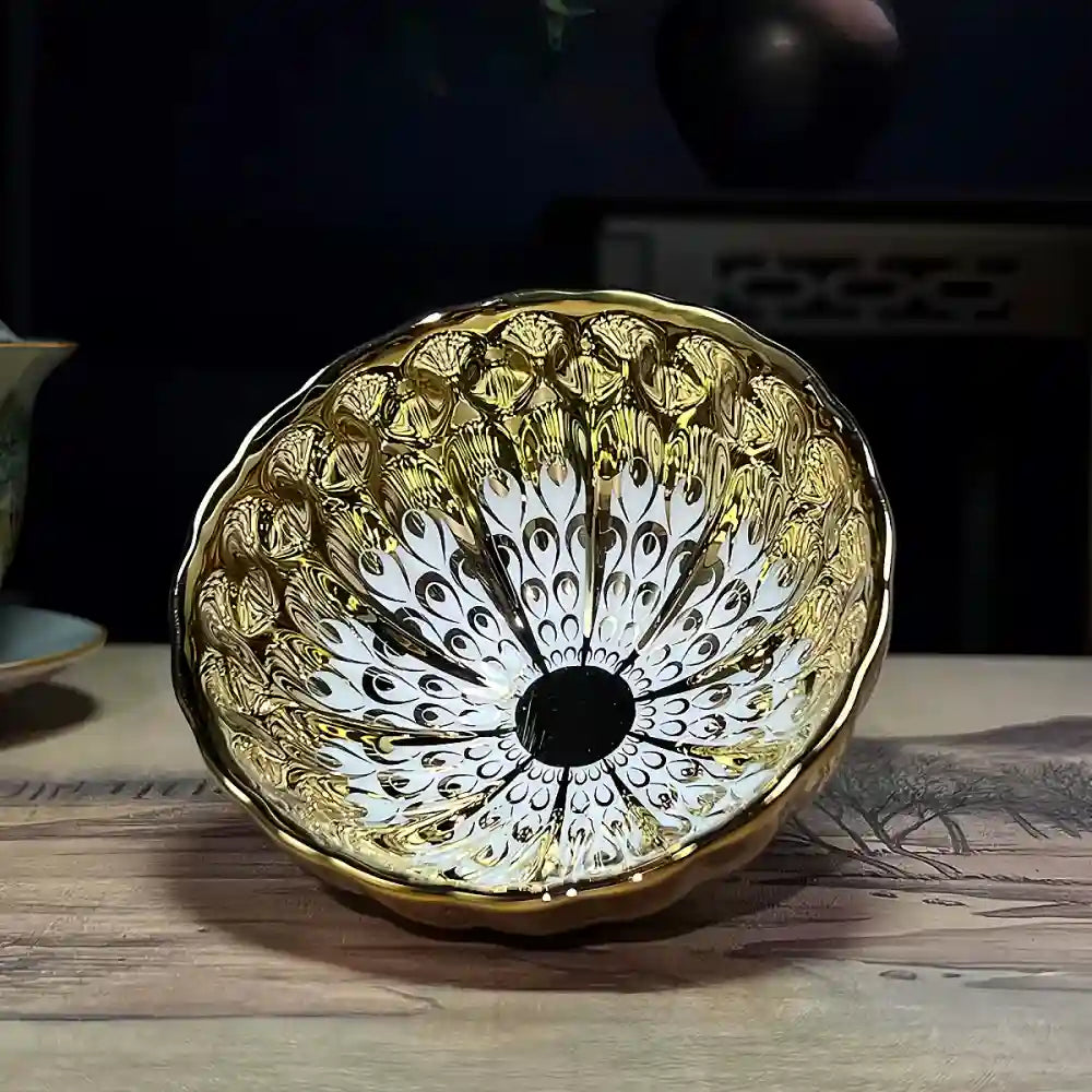 Seven-Colored Peacock Cup – Kiln-Changed Tenmoku Tea Bowl, Creative Lotus Design, Artisan Tea Ceremony Gift