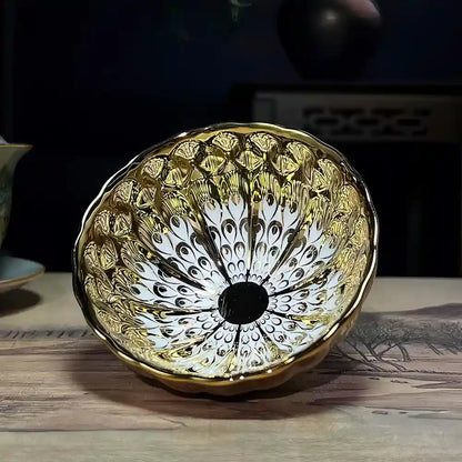 Seven-Colored Peacock Cup – Kiln-Changed Tenmoku Tea Bowl, Creative Lotus Design, Artisan Tea Ceremony Gift