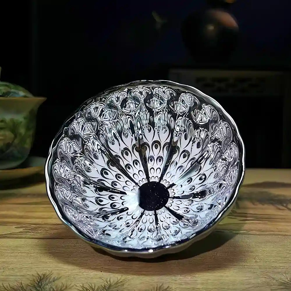 Seven-Colored Peacock Cup – Kiln-Changed Tenmoku Tea Bowl, Creative Lotus Design, Artisan Tea Ceremony Gift