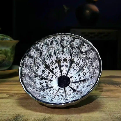 Seven-Colored Peacock Cup – Kiln-Changed Tenmoku Tea Bowl, Creative Lotus Design, Artisan Tea Ceremony Gift