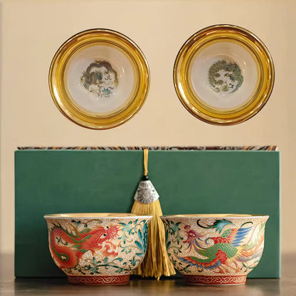 Enamel-Gilded Dragon & Phoenix Pair Teacups - Handcrafted Porcelain Tea Set, Chinese Antique-Style Gift