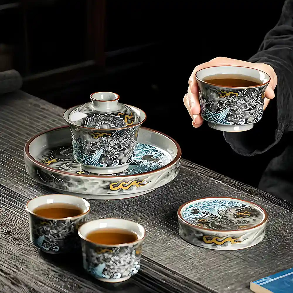 Handcrafted Porcelain Gaiwan Set with Ink Dragon Motif – Each Crack Tells a Story, Each Brew Deepens the Glaze
