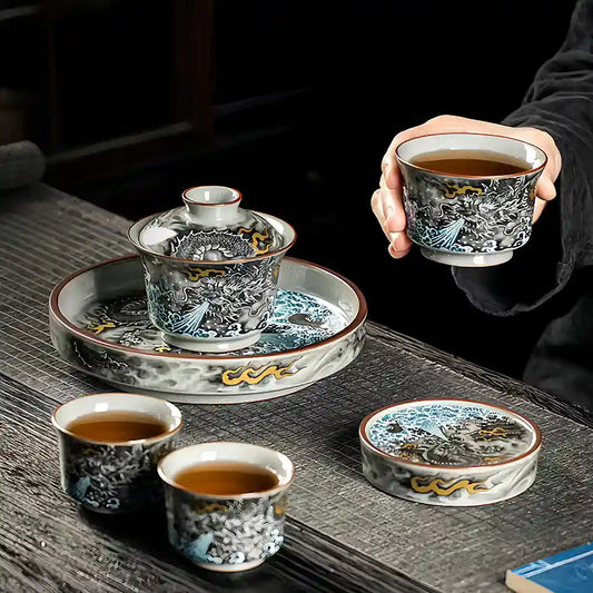Handcrafted 6-Piece Porcelain Gaiwan Set – Ink Dragon Motif