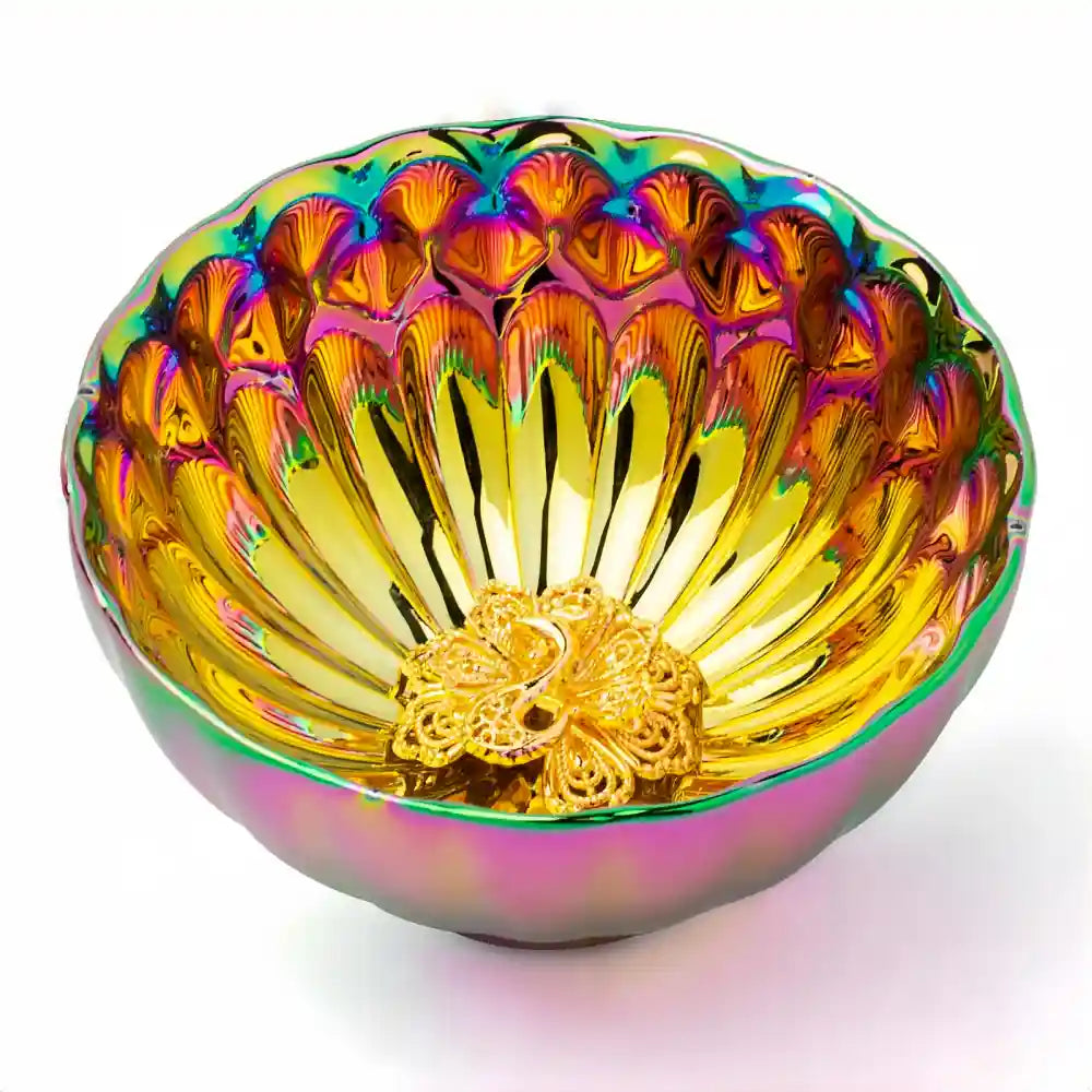 Seven-Colored Peacock Cup – Kiln-Changed Tenmoku Tea Bowl, Creative Lotus Design, Artisan Tea Ceremony Gift