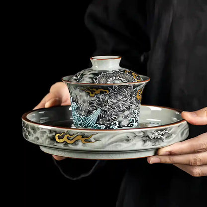 Handcrafted Porcelain Gaiwan Set with Ink Dragon Motif – Each Crack Tells a Story, Each Brew Deepens the Glaze