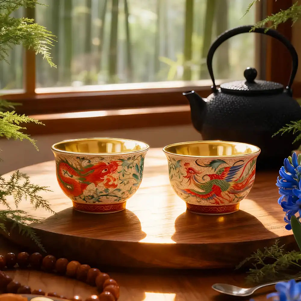 Enamel-Gilded Dragon & Phoenix Pair Teacups - Handcrafted Porcelain Tea Set, Chinese Antique-Style Gift