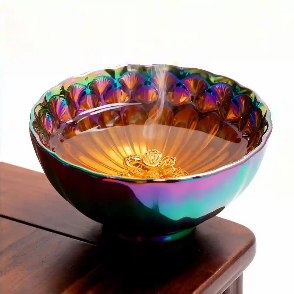 Seven-Colored Peacock Cup – Kiln-Changed Tenmoku Tea Bowl, Creative Lotus Design, Artisan Tea Ceremony Gift