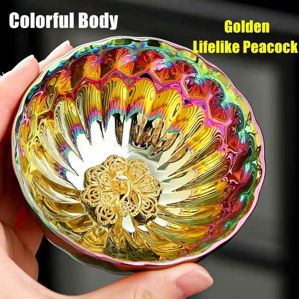 Seven-Colored Peacock Cup – Kiln-Changed Tenmoku Tea Bowl, Creative Lotus Design, Artisan Tea Ceremony Gift