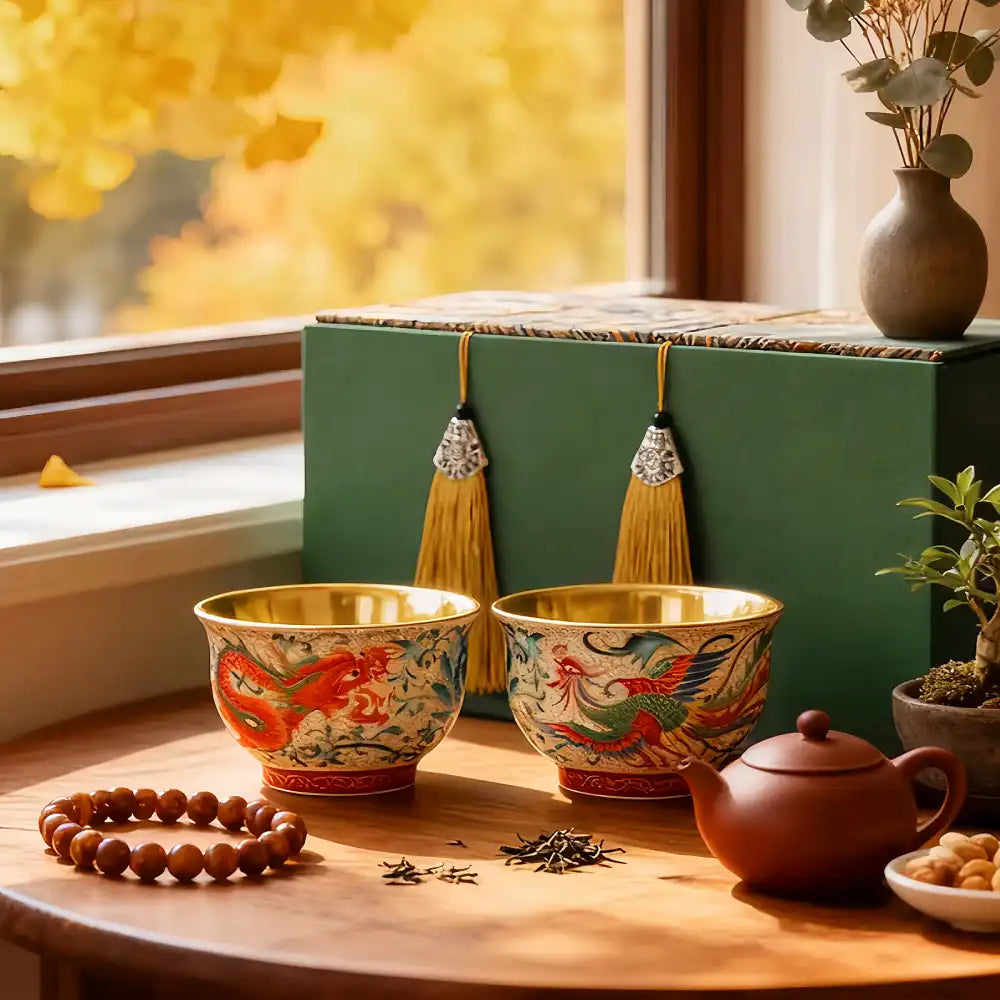 Enamel-Gilded Dragon & Phoenix Pair Teacups - Handcrafted Porcelain Tea Set, Chinese Antique-Style Gift