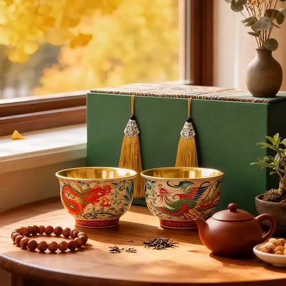 Enamel-Gilded Dragon & Phoenix Pair Teacups - Handcrafted Porcelain Tea Set, Chinese Antique-Style Gift