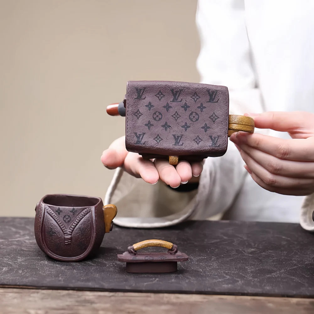 Traditional Yixing Purple Clay Teapot with Matching Cups – Made of Aged Zini Clay