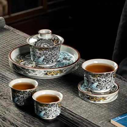 Handcrafted Porcelain Gaiwan Set with Ink Dragon Motif – Each Crack Tells a Story, Each Brew Deepens the Glaze