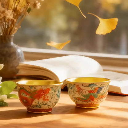 Enamel-Gilded Dragon & Phoenix Pair Teacups - Handcrafted Porcelain Tea Set, Chinese Antique-Style Gift