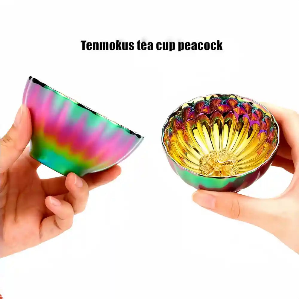 Seven-Colored Peacock Cup – Kiln-Changed Tenmoku Tea Bowl, Creative Lotus Design, Artisan Tea Ceremony Gift