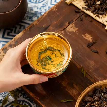 Enamel-Gilded Dragon & Phoenix Pair Teacups - Handcrafted Porcelain Tea Set, Chinese Antique-Style Gift