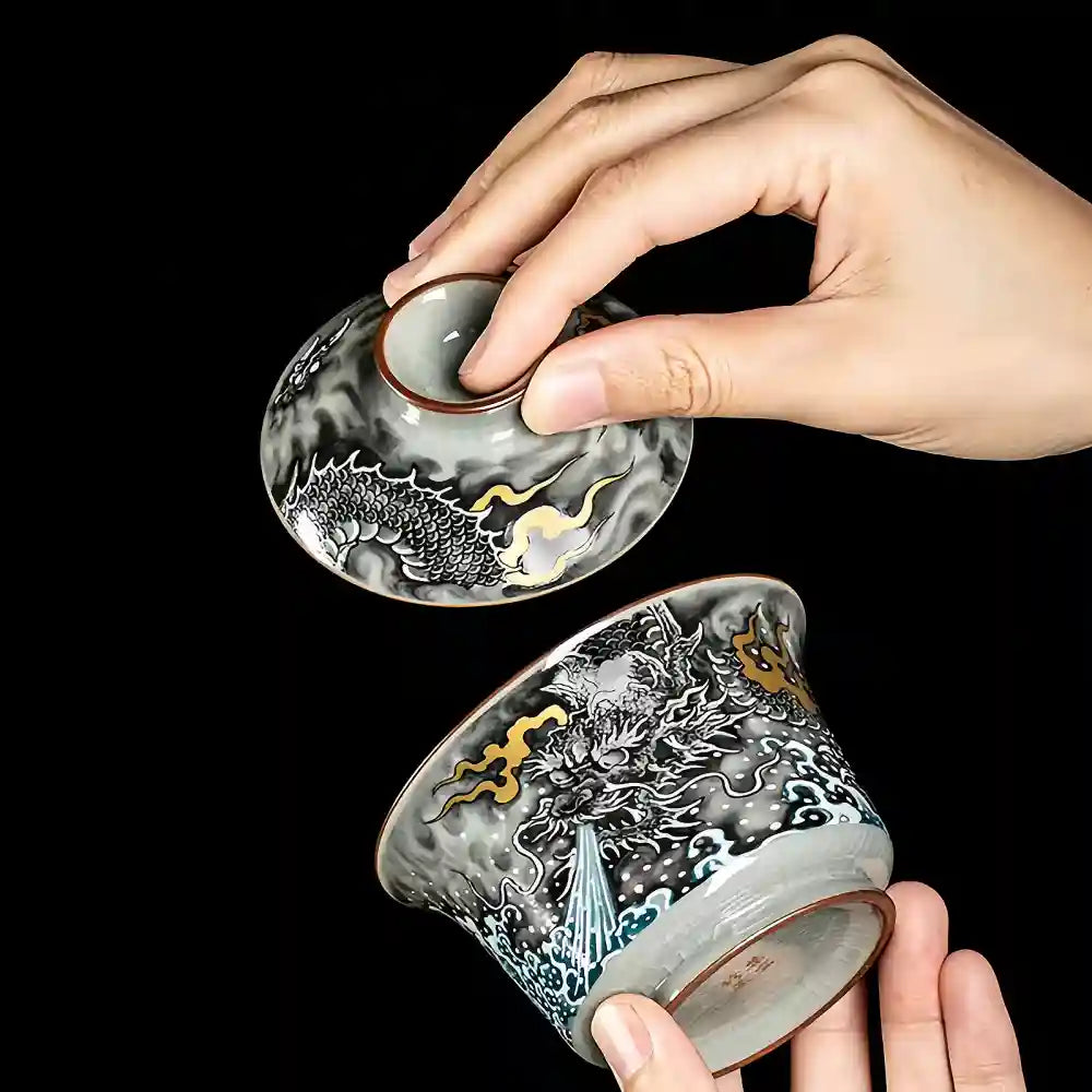 Handcrafted Porcelain Gaiwan Set with Ink Dragon Motif – Each Crack Tells a Story, Each Brew Deepens the Glaze