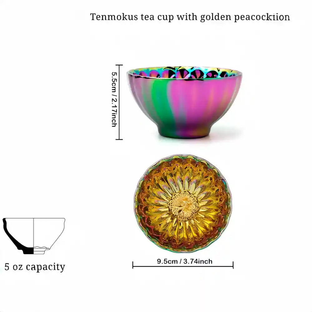 Seven-Colored Peacock Cup – Kiln-Changed Tenmoku Tea Bowl, Creative Lotus Design, Artisan Tea Ceremony Gift