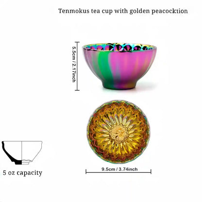 Seven-Colored Peacock Cup – Kiln-Changed Tenmoku Tea Bowl, Creative Lotus Design, Artisan Tea Ceremony Gift