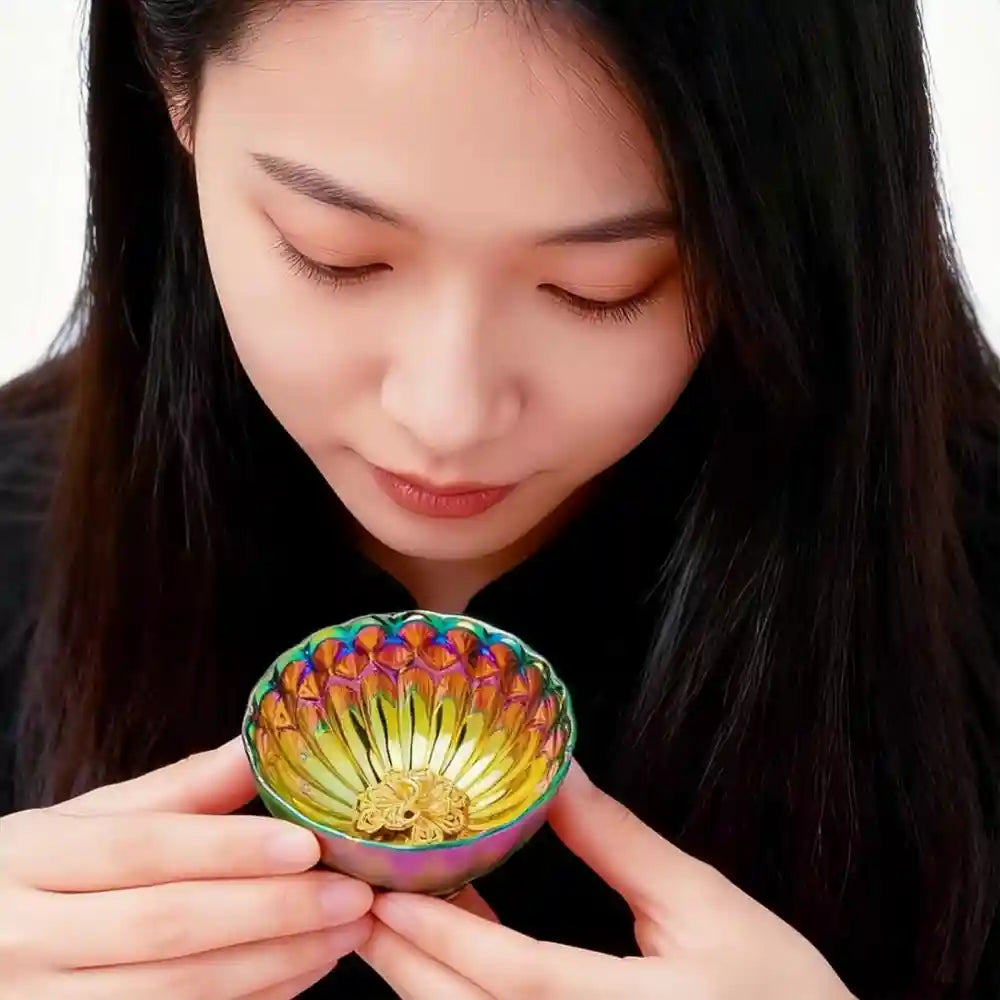 Seven-Colored Peacock Cup – Kiln-Changed Tenmoku Tea Bowl, Creative Lotus Design, Artisan Tea Ceremony Gift