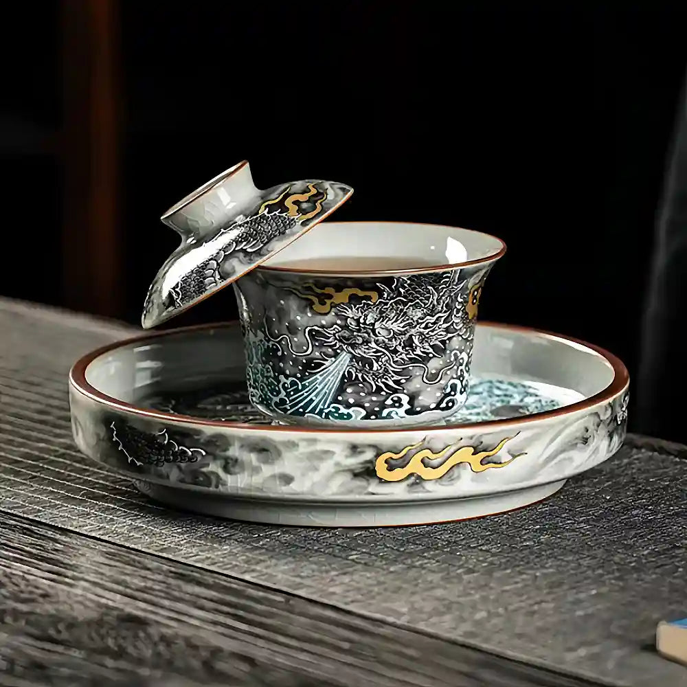 Handcrafted Porcelain Gaiwan Set with Ink Dragon Motif – Each Crack Tells a Story, Each Brew Deepens the Glaze